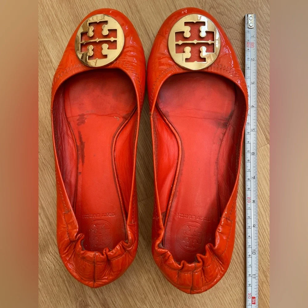 Tory Burch Reva Coral Orange Logo Patent Leather Ballet Flats Womens Size 10